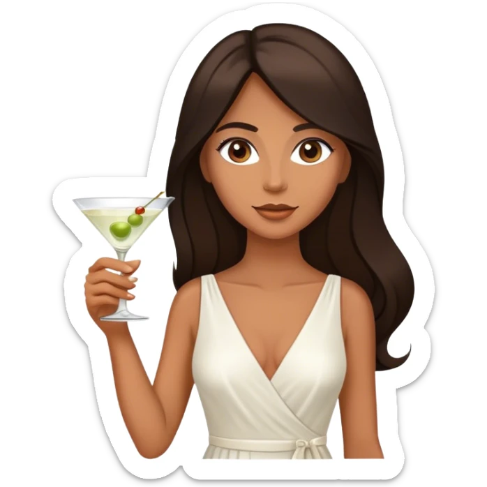 Beautiful woman in 1950’s woman fashion look, white dress, long dark brown hair, martini  sticker