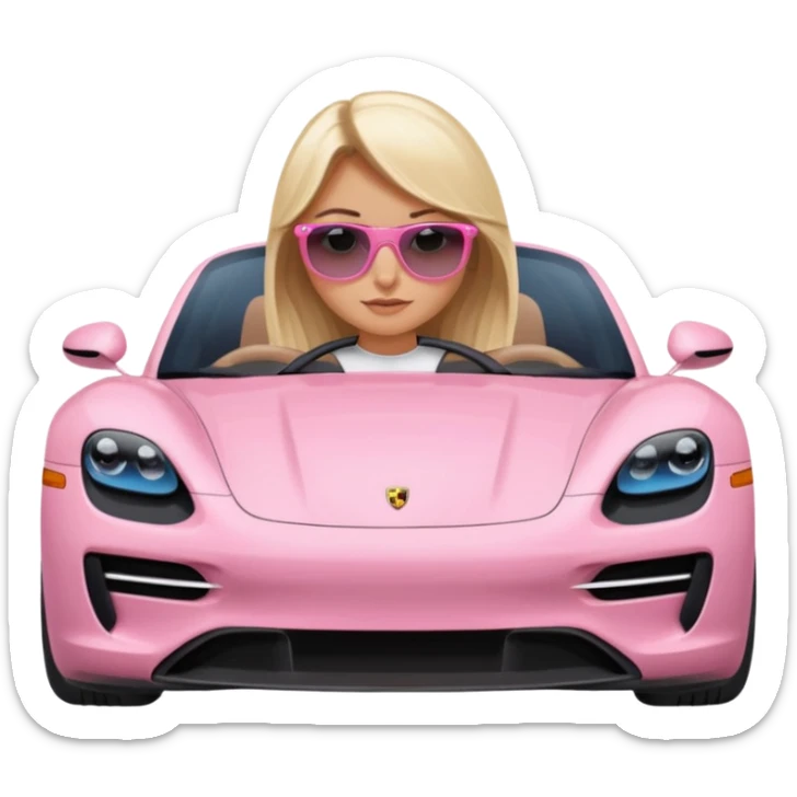 pink Porsche taycan with blonde girl, blue eyes, sitting in the car, front view point of view sticker