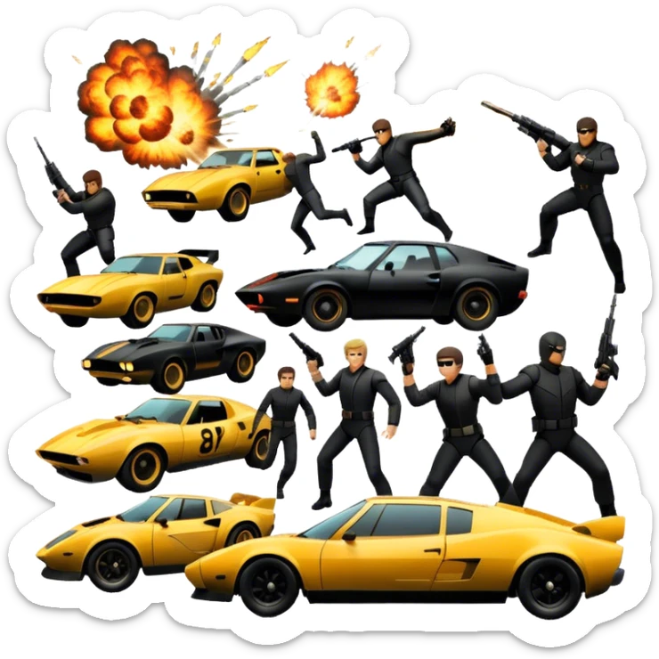 Photorealistic Icon for Action Movies: Dynamic collage of iconic action movie scenes featuring explosions, fast cars, combat, and weapons. Include silhouettes of famous action heroes, dramatic lighting, and a sense of high-octane energy. Transparent background. sticker