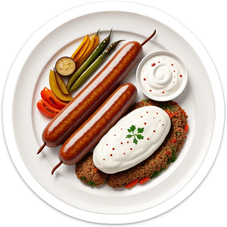 Cinematic Realistic image of a long, sausage-shaped Turkish Köfte, rendered with richly spiced meat textures and subtle grill marks, artfully arranged on a traditional Turkish ceramic plate alongside classic sides such as a serving of aromatic pilaf, crisp grilled vegetables, and a dollop of creamy yogurt, all bathed in warm, appetizing lighting that emphasizes its savory allure. sticker