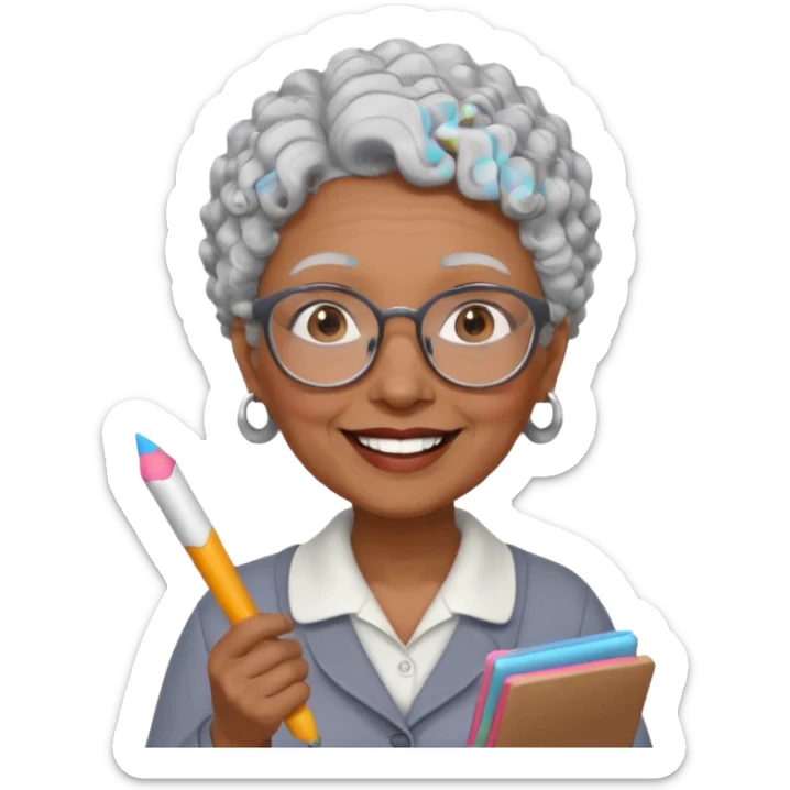 old woman teacher, brown skin, curly grey white hai, wearing glasses, hold chalk on hand sticker