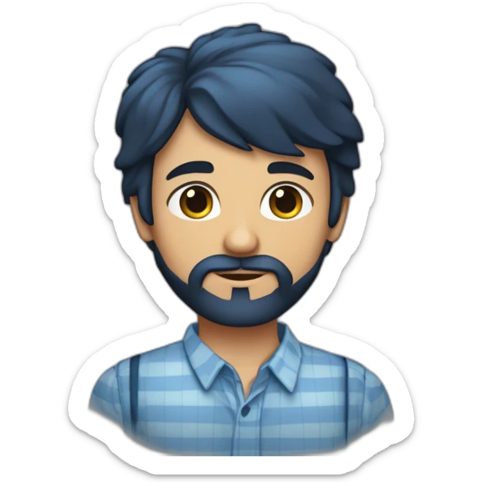 Un jeune homme avec une barbe légèrement fournie, des cheveux courts bruns et un regard confiant, vêtu d'une chemise à carreaux bleu marine. sticker