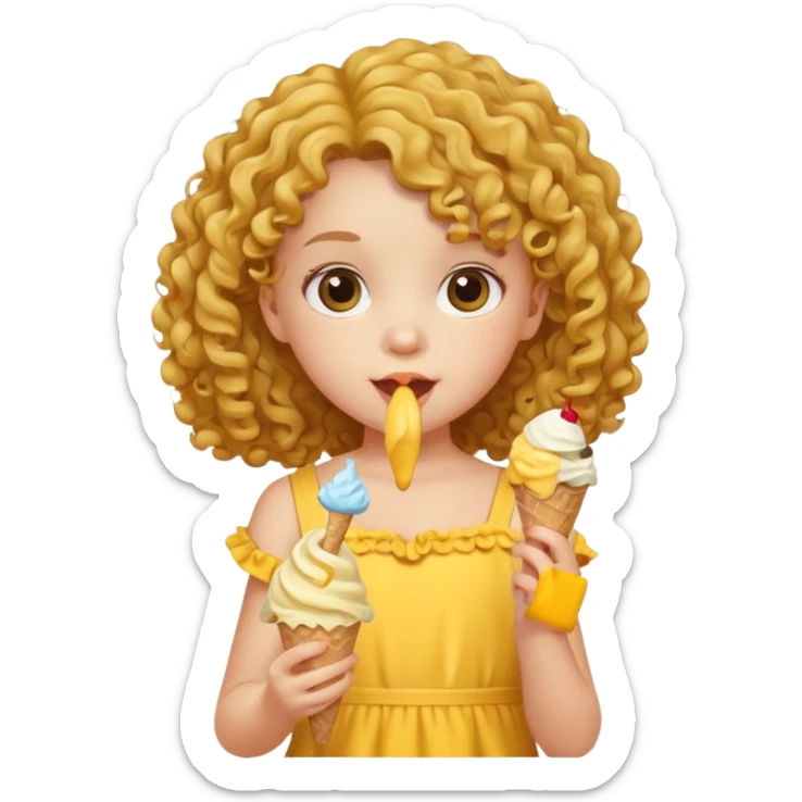 a little girl kid with curly hair, yellow dress, eat ice cream sticker