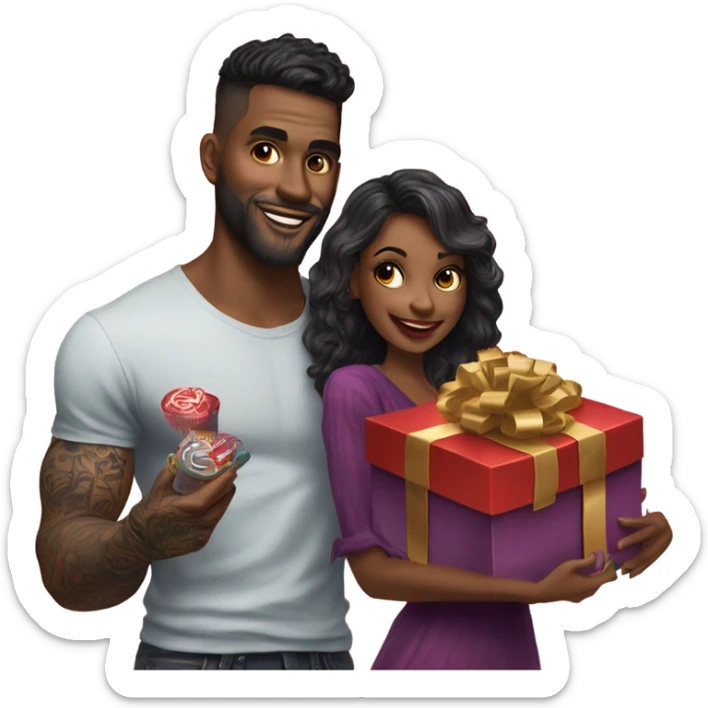 Hyper Realistic beautiful woman receiving a gift and a box of chocolates from a handsome tattooed man  sticker