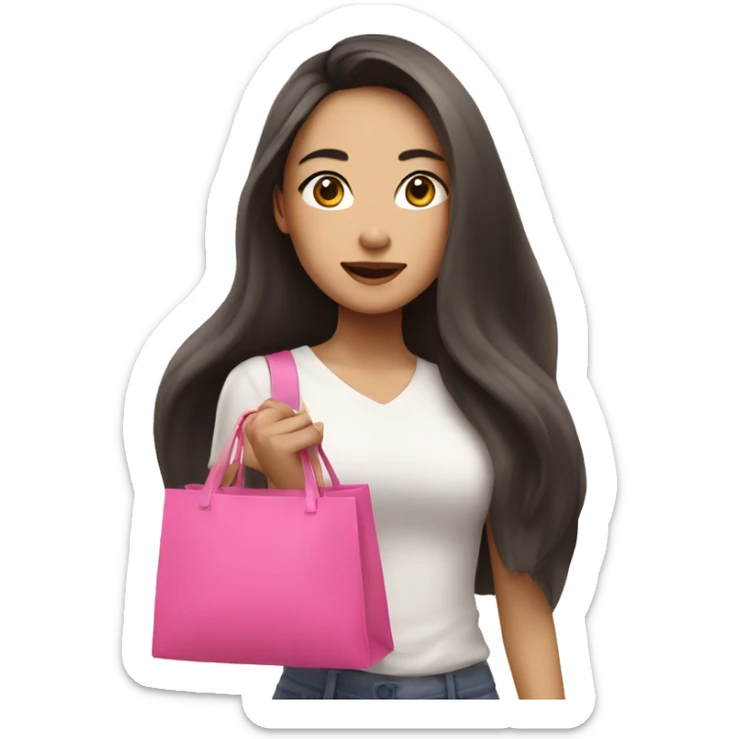 Asian woman with long hair and make-up holds pink bags sticker