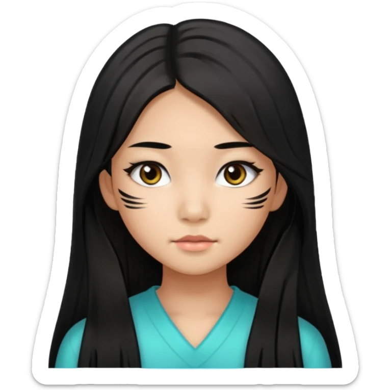 a tan chinese-american 15 year old girl with middle part long straight black hair down to her chest. mascara  sticker