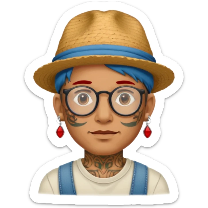 unique looking tourist with big unique red tourist hat and earrings, man with lots of tattoes and spectacles sticker