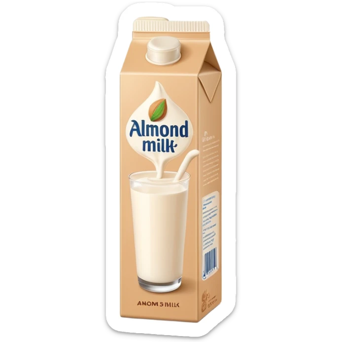 almond milk tall slim carton or bottle, beige or off-white, minimalist, neutral cap or spout, simple almond illustration, no text or branding, smooth light creamy milk, no glass or extra elements, clean 3D, soft shadows, transparent background, emoji scale sticker