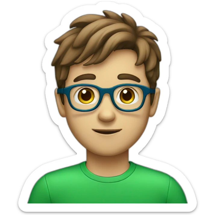 A boy with brown hairs with green eyes with blue eyeglasses with red t-shirt sticker