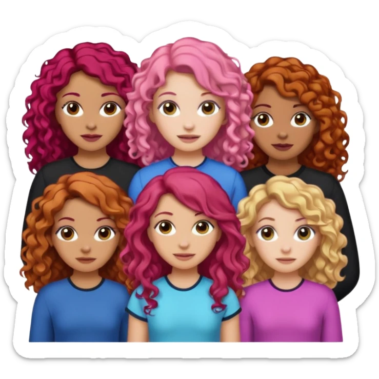 5 girls  curly redhead, one with brunette dyed blonde hair, one long haired wavy brunette, one mid-length haired brunette, and one black haired girl with partially dyed bright red/pink hair sticker