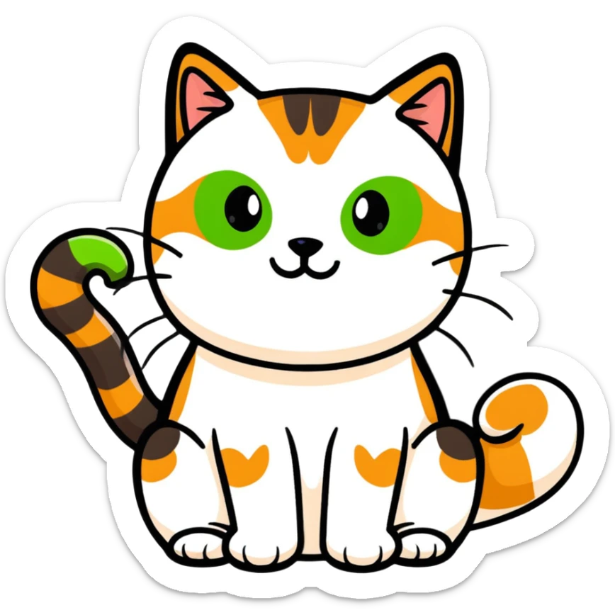 Brown, white, and black tabby cat with green eyes sitting to show its white belly, adorable sticker style sticker
