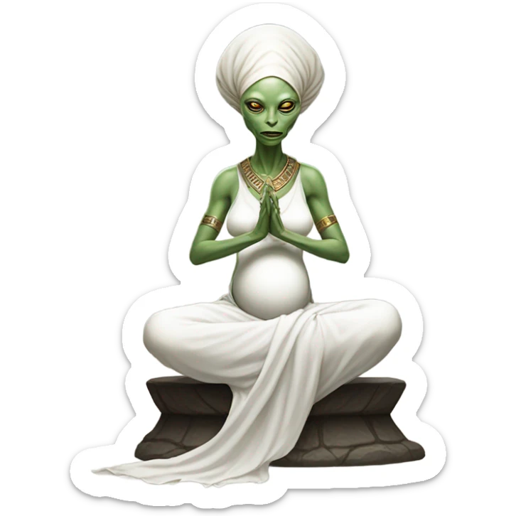 a Reptilian alien woman, pregnant, in meditation, white dress like a priestess sticker