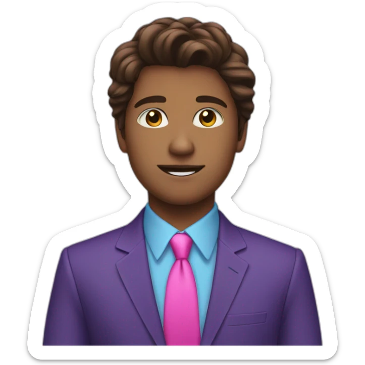 Brown long haired teen guy in purple suit blue shirt and pink tie sticker