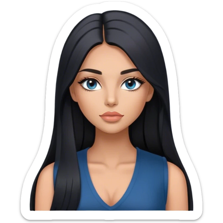Glamours, tanned, very beautiful girl, with big pump peach-beige-rose lips, long long lashes, black straight smooth silky long hair, straight parting hair, blue-grey eyes, black v-neck vest sticker