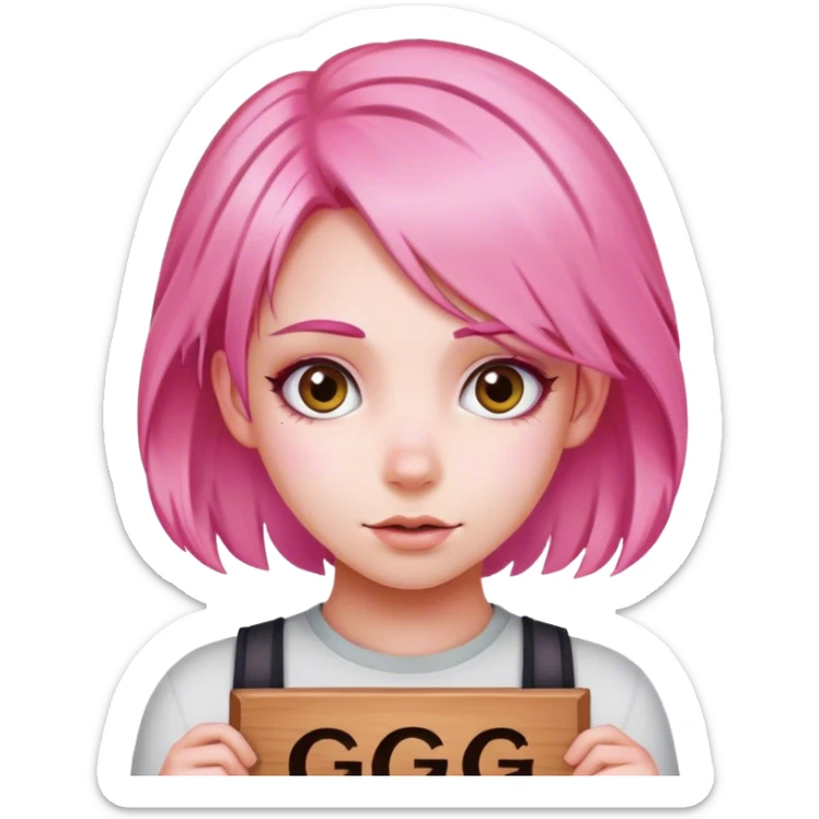 girl with pink hair, big sign, sign says "GG" sticker