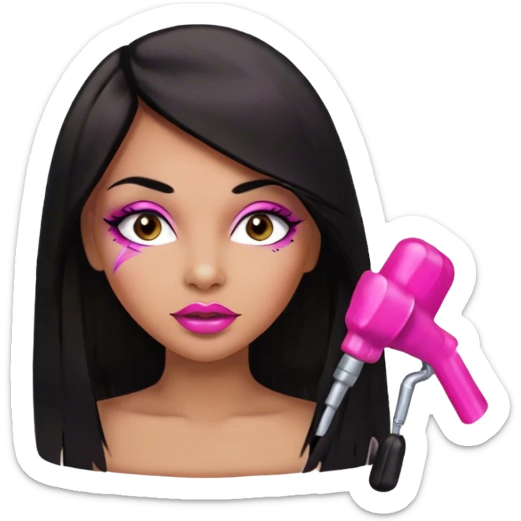 Glamours, medium tan skin tone, very beautiful girl, with big pump pink lips, long long lashes, black straight smooth silky long hair, straight parting hair, brown eye sticker