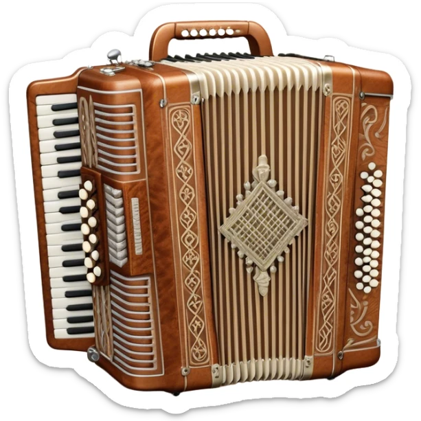 Cinematic Realistic image of a classic accordion, rendered with finely detailed textures and intricate keywork, set against a backdrop of soft, ambient lighting that highlights its vintage charm sticker