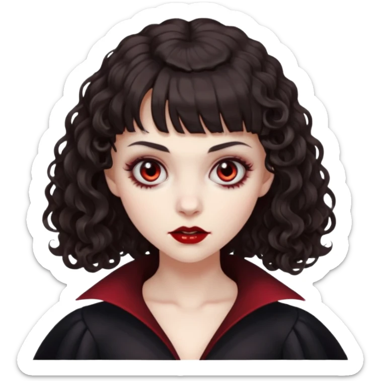 vampire feminine and with bangs  dark brown hair  curly hair a little scary   sticker