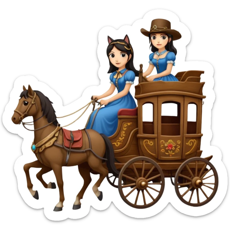  Rustic antique wood detailed 1854 pretty dark-haired Catgirl driving a huge horse-drawn stagecoach Caravan alone on a bumpy scary trail in the woods  sticker