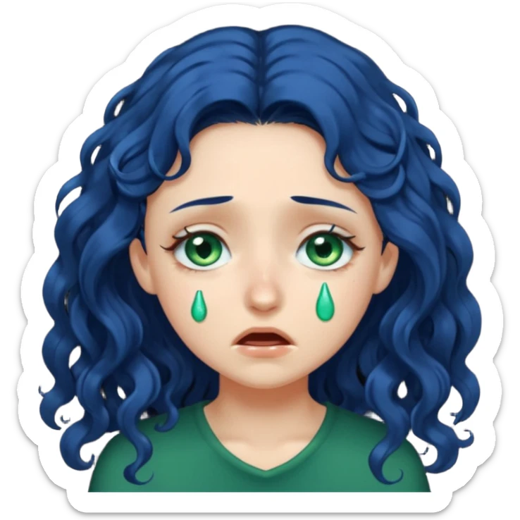 Girl with long  curly dark blue hair, green eyes, and very fair skin.crying sticker