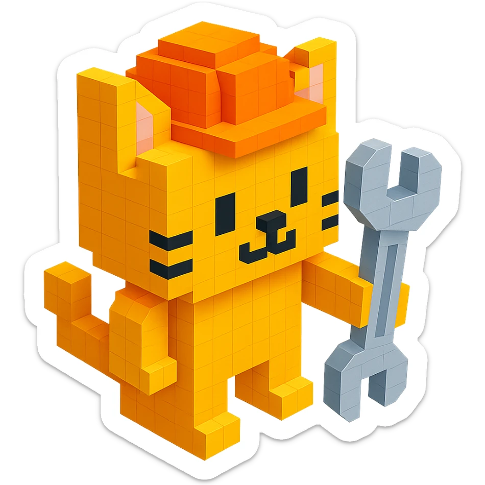 worker cat with orange construction hat holding a wrench in voxel style sticker