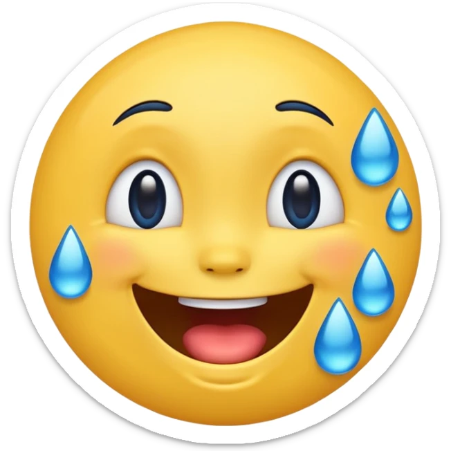 Emoji, yellow round laughing face, blue tears of joy on it  sticker