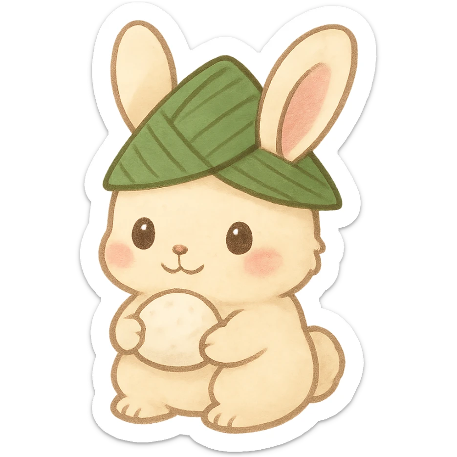 bunny wearing a green zongzi leaf hat, holding a sweet rice dumpling, soft colors, kawaii style sticker