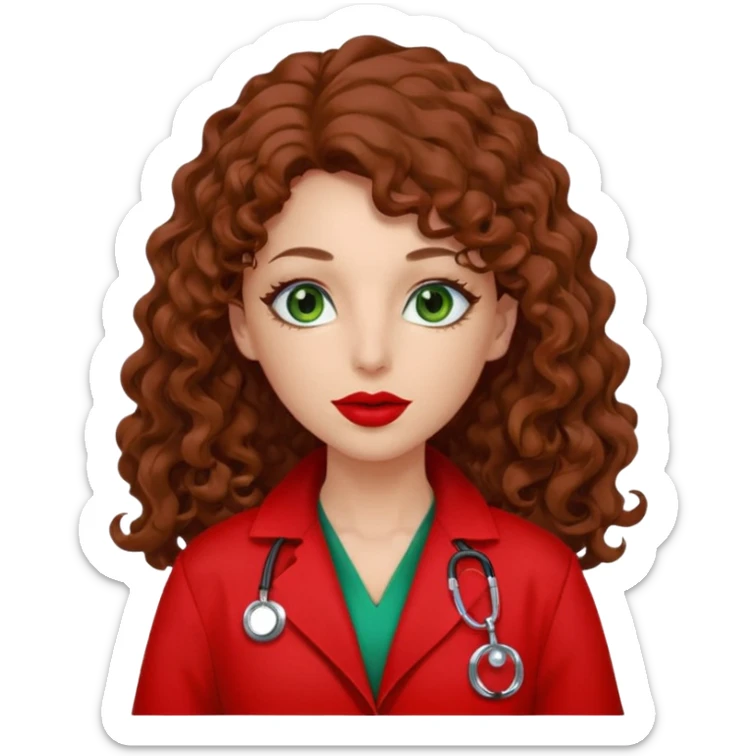 Lilith symbol sexy evil woman. She has green eyes.  had brown long curly hair.  evil surgeon kills with scalpel wears red sexy doctor coat with red mouth cover red gloves. Covers nose, neck  and mouth with Muslim red berka sticker