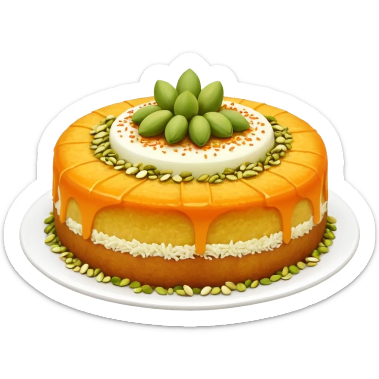 A small round emoji of traditional kanafeh with golden-orange crispy threads, a gooey white cheese center, and a light sprinkle of green pistachios. Warm and delicious-looking. sticker