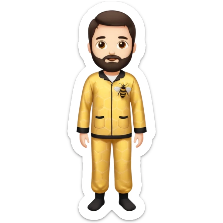 Grown up man with brown eyes, dark brown long hair, white skin, medium beard, full body in cute bee pijama sticker