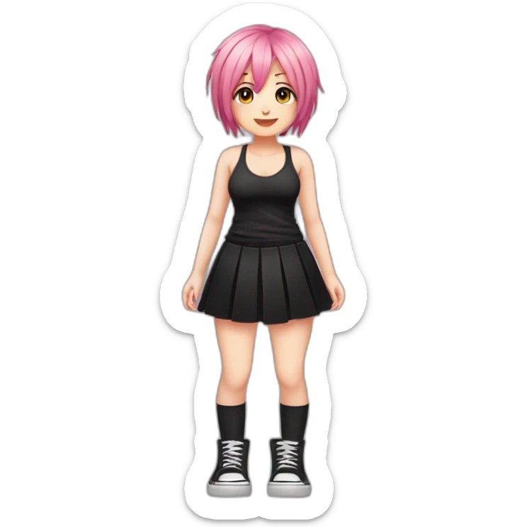 Full body Front view curvy emo girl pink hair sits on the floor straight view hands up black skirt белые трусики sticker