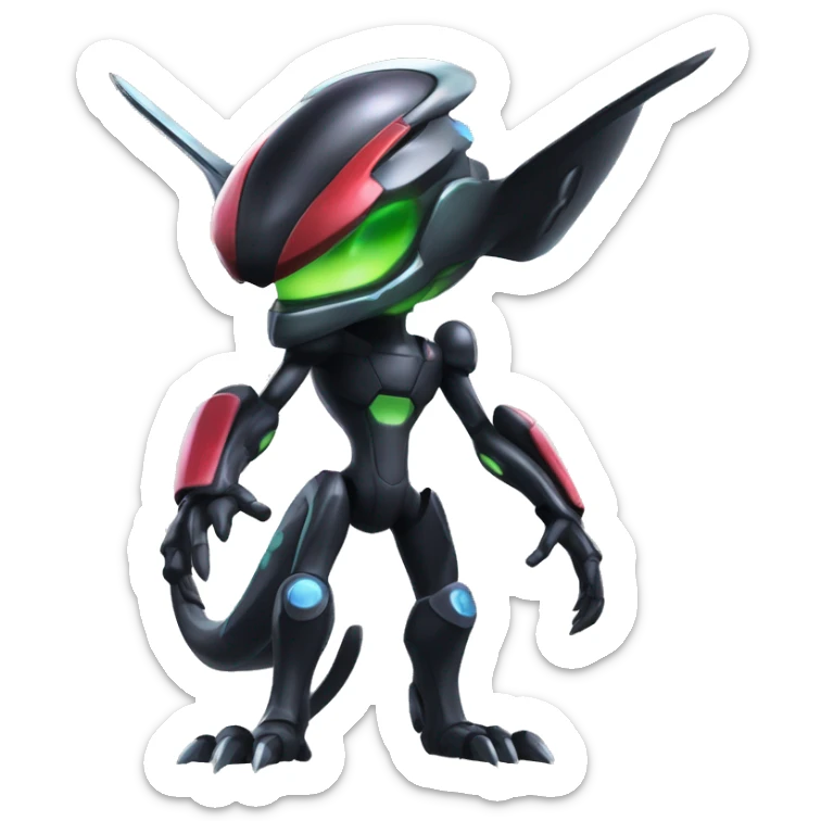 a shiny black Genesect-Flygon-Raptor-Fakémon-Medabot-hybrid with a futuristic visor-helmet full body sticker