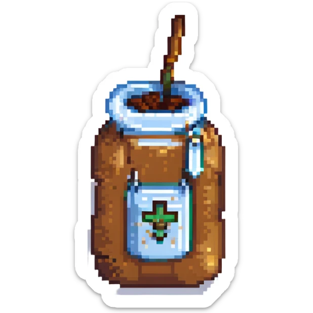 8-bit pixel art emoji, IV bag filled with brown coffee connected to arm, medical parody, on-call humor sticker