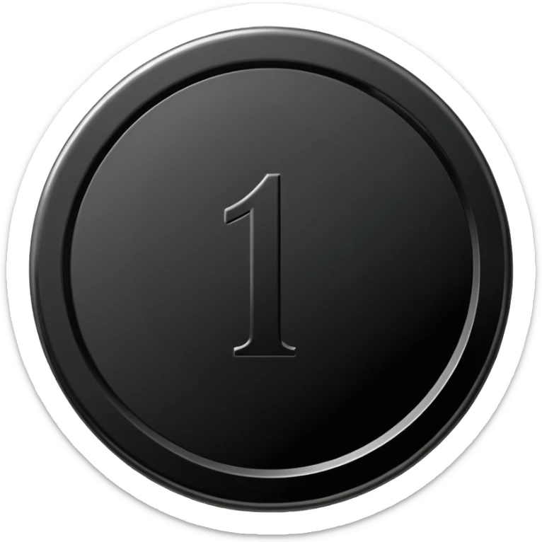 Emoji icon of a black coin with engraved number 1, minimalist style, isolated sticker