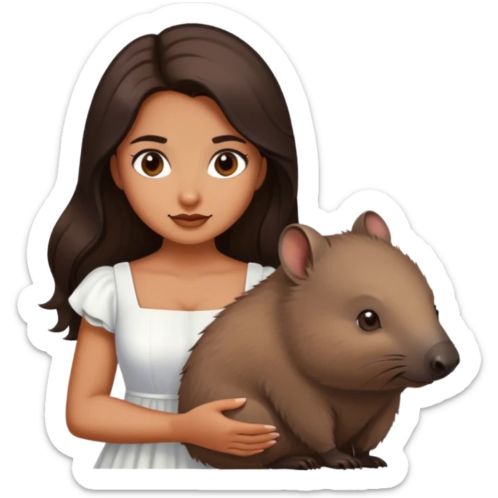 Beautiful woman in 1950’s woman fashion look, white dress, long dark brown hair, wombat sticker