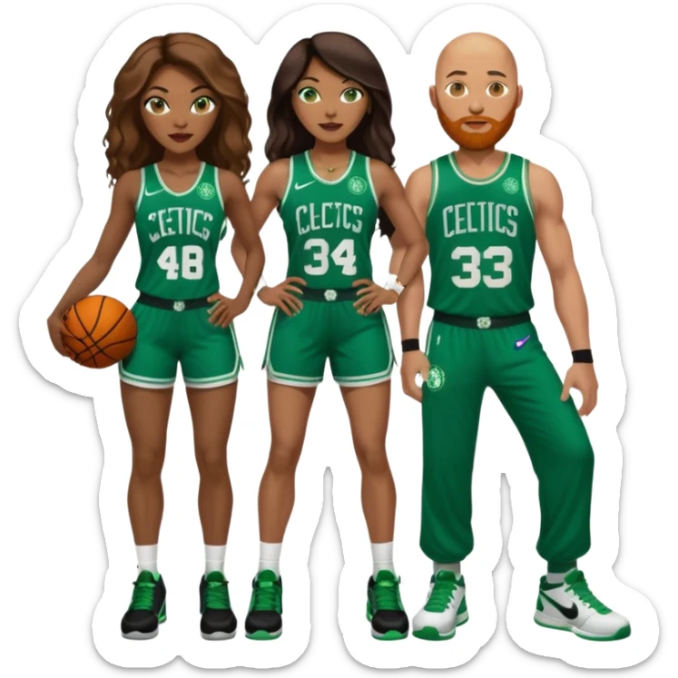 48-year-old black woman with brown eyes, long dark brown balayage hair dressed in sexy 
celtics jersey costume outfit & stilettos with bald white man with ginger beard, with blue eyes, wearing a Jason Tatum Boston Celtics Jersey, matching Nike sneakers  sticker