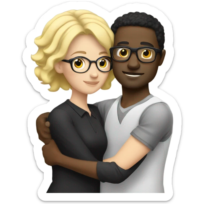 Blonde woman hugging black man with black hair wearing glasses sticker