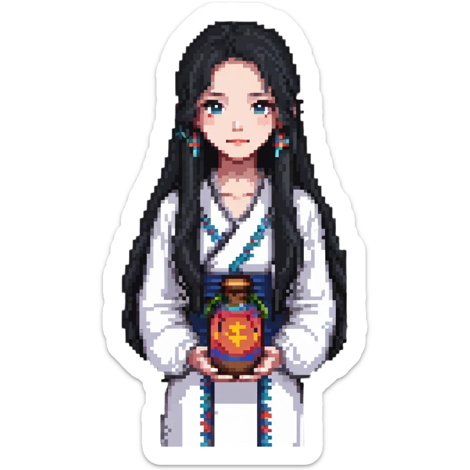 Beautiful girl with long black hair holding a jianghuangsed sticker