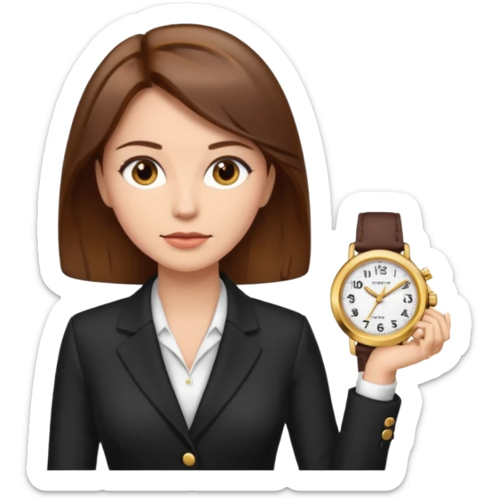 A buissnes Woman with Brown hair and a Gold watch sticker