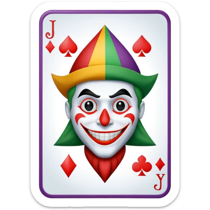 1 poker card, perfectly squared card, with crazy colorful human jolly joker inside, star symbol with a "J" sticker