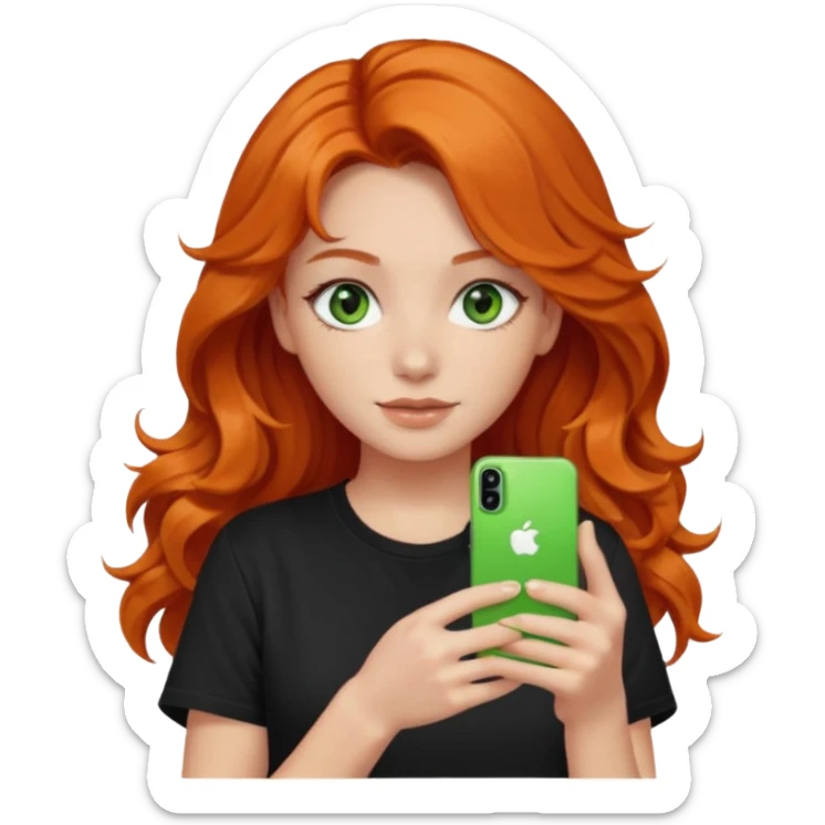 Girl with dark long orange wavy hair, green eyes, and black t-shirt with iphone tiktok on hand sticker