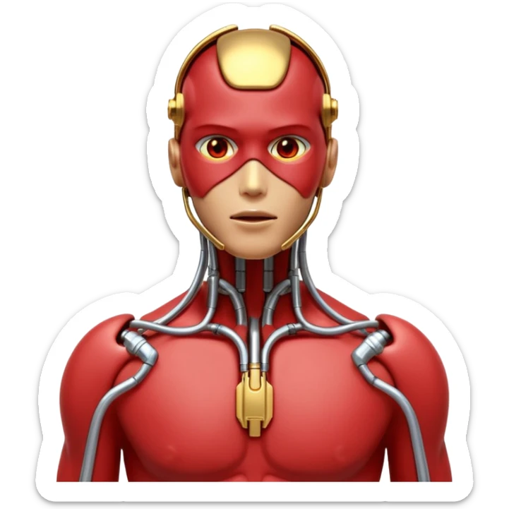 3D render of Neural Link, futuristic cyborg aesthetic, fusion of organic skin and chrome metal, gold brass valves mixed with red muscle tissue, exposed wiring, emoji style, isolated on white background --v 6.0. sticker