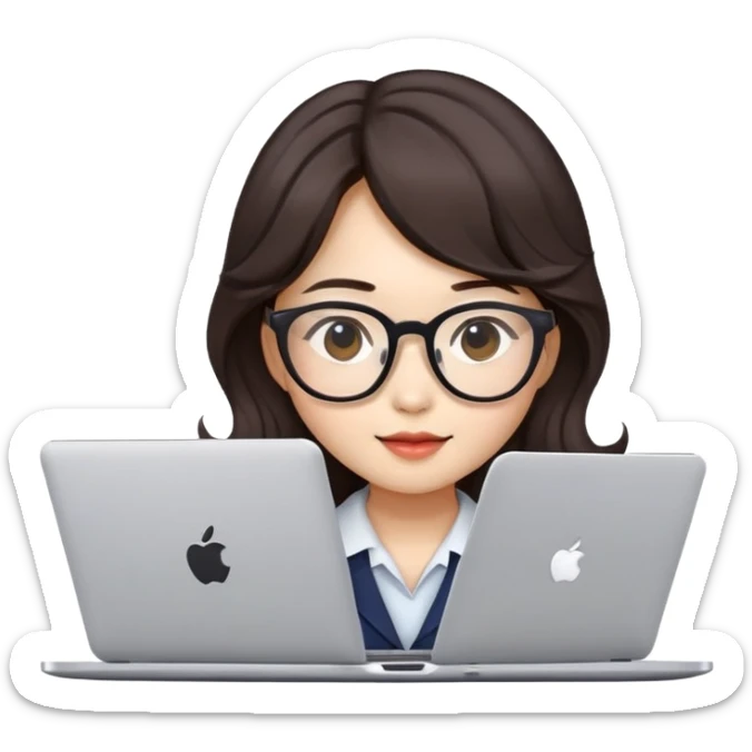 can u make emoji like apple style of chinese girl with korean wavy hair dark brown with glasses that doing a work in her laptop sticker
