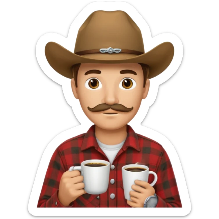 generate an ios genmoji of a 20 year old tan boy with a cowboy hat and horseshoe mustche. Wearing a flannel and carrying a coffee mug sticker