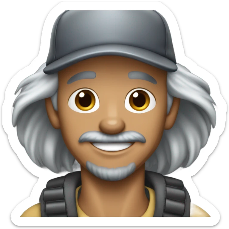 blue eyed man gray hair gray goatee wearing ball cap holding black long haired chihuahua sticker