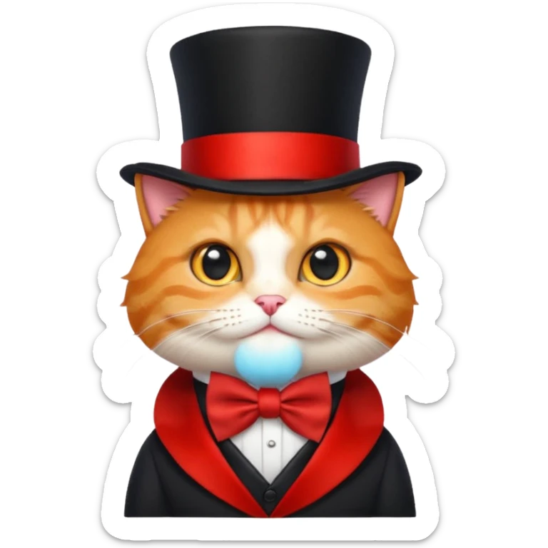 Cute emoji-style orange tabby cat wearing a black top hat with a red band and a red bow tie, big round eyes, fluffy fur, clean mascot style, centered, transparent background, 1:1 ratio. sticker
