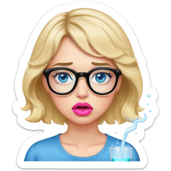 Blonde woman with short wavy hair, blue eyes and pink lips wearing black glasses vomiting  sticker