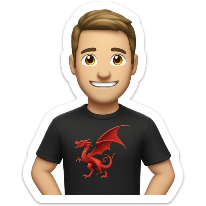 a white man with a smile on his face and with his right arm raised in the air, bent at the elbow, wearing a black sweatshirt with a red dragon, dark hair sticker