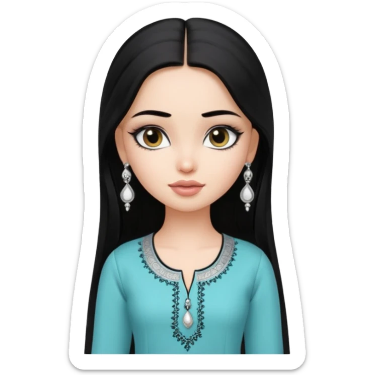 generate a pretty bratz girl wearing a kurti, eyeliner on, long straight hair, silver jhumkas in ear sticker
