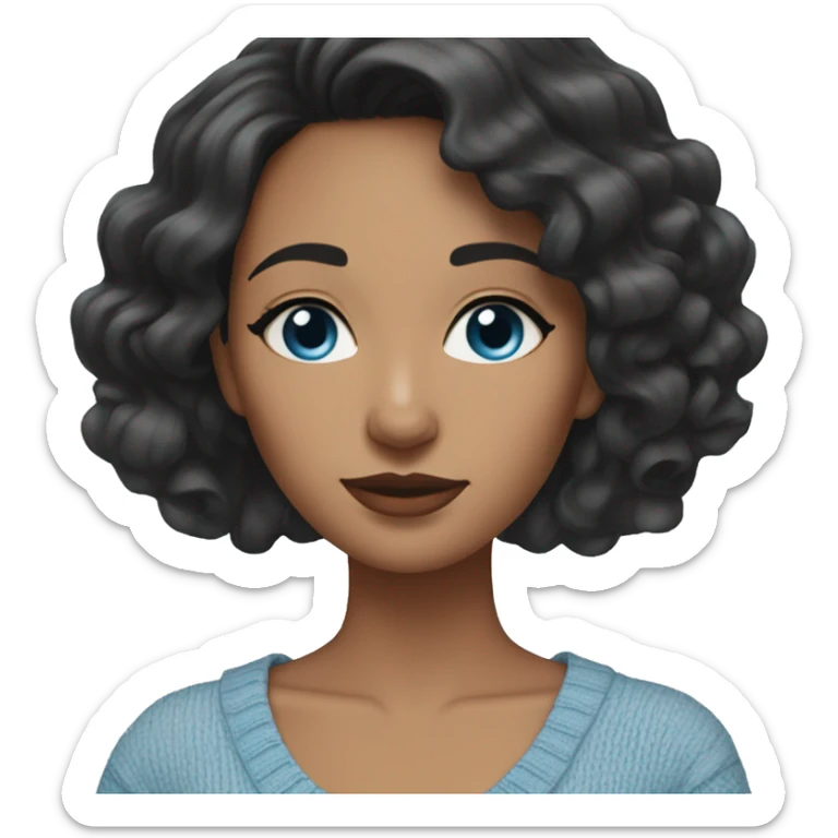 woman with black wavy hair with blue eyes and tan skin and off shoulder light blue sweater sticker
